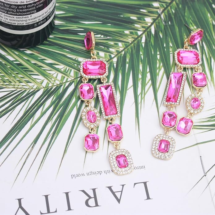 Vintage Rectangle Teardrop Chandelier Earrings, Art Deco Wedding Austrian Crystal Drop Dangle Earrings for Women Party Prom