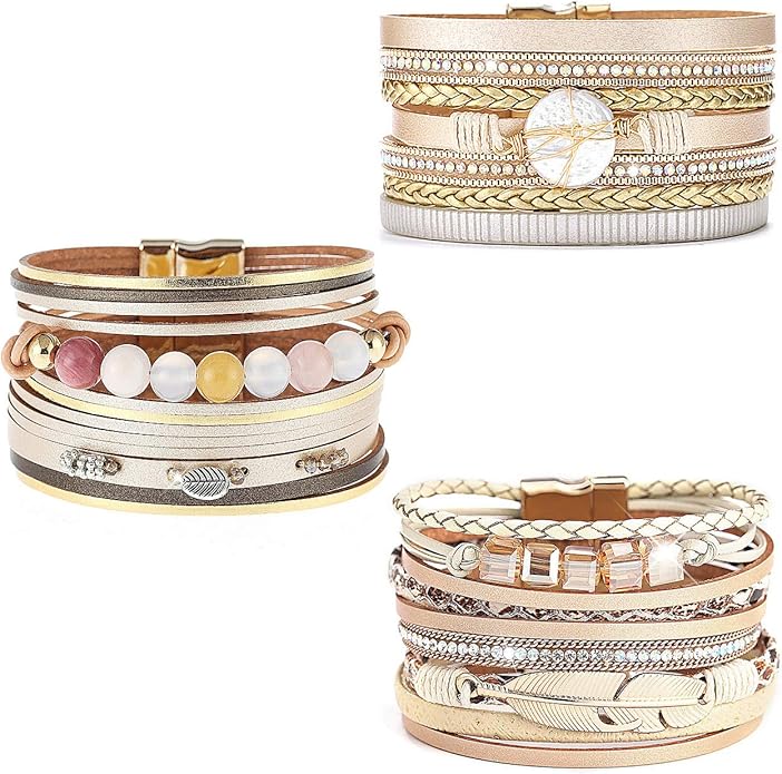 Wowanoo 3Pack Leather Cuff Bracelet Set Multilayer Wrap Bracelet Crystal Feather Tree Bracelet Magnetic Clasp Bracelet for Women
