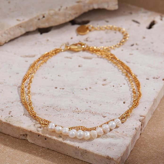 SLOONG Valentines Day Gifts for Her Gold Pearl Bracelets, 18K Real Gold Plated Dainty Stackable Snake Chain CZ Heart Pendant Bracelets, Layered Waterproof Jewelry Gift for Women Adjustable 6"+2"