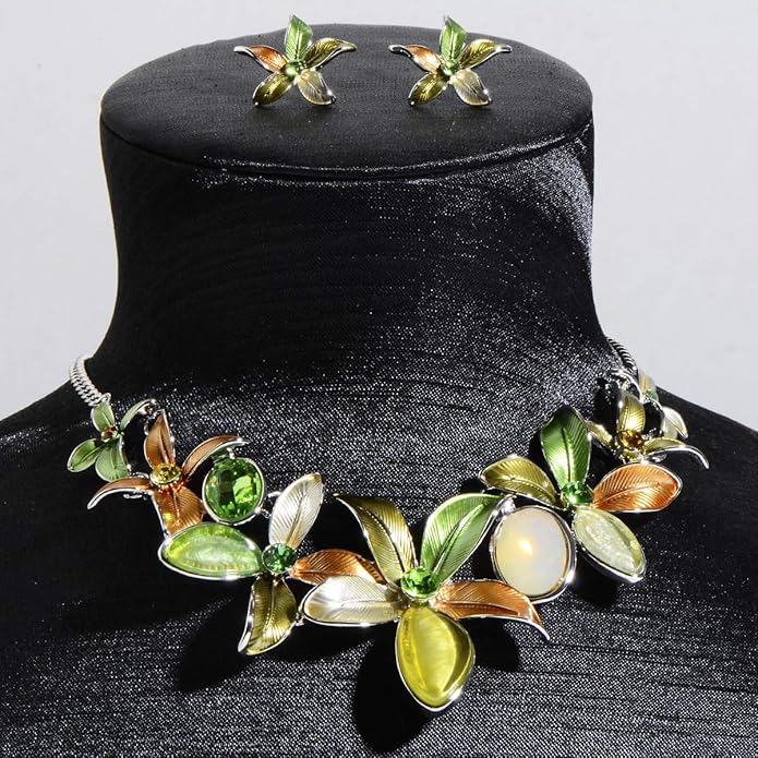 AMYJANE Vintage Statement Jewelry Set - Spring Leaf Flower Floral Plant Necklace Earring Set Crystal Rhinestone Fashion Costume Jewelry for Women Prom Party Unique Gift