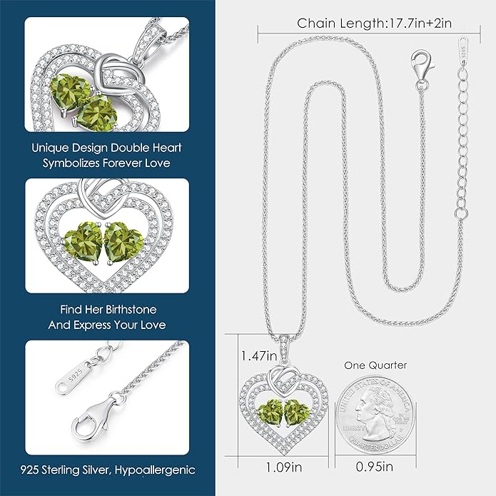 LOUISA SECRET Sparkling Double Heart Birthstone Necklaces for Women, 925 Sterling Silver Fine Jewelry, Pendant Heart Necklaces Birthday Anniversary Christmas Gift for Women Wife Mom Girlfriend Lady