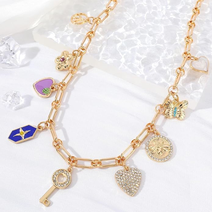 Charm Necklace for Women Gold Evil Eye Sun Moon Flower Coin Pendant Necklace Dainty Paperclip Chain Vintage Luck Amulet Choker Necklaces Celestial Jewelry Gift