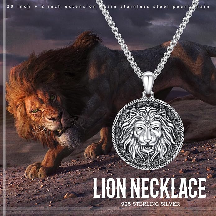 Cuoka Lion Necklace for Men Women S925 Sterling Silver King Retro Punk Gothic Hip Hop Rock Animal Lion Head Pendant Charm Jewelry Chain Necklace Viking Protection Amulet Necklaces