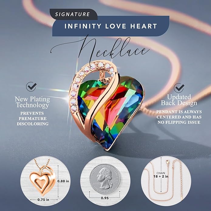 Leafael Rose Gold Plated Necklace for Women: Heart Shaped Birthstone/Healing Crystals Center, Dazzling Cubic Zirconia, Hypoallergenic Chain (18"+2"), Jewelry Gifts for Anniversaries and Birthdays