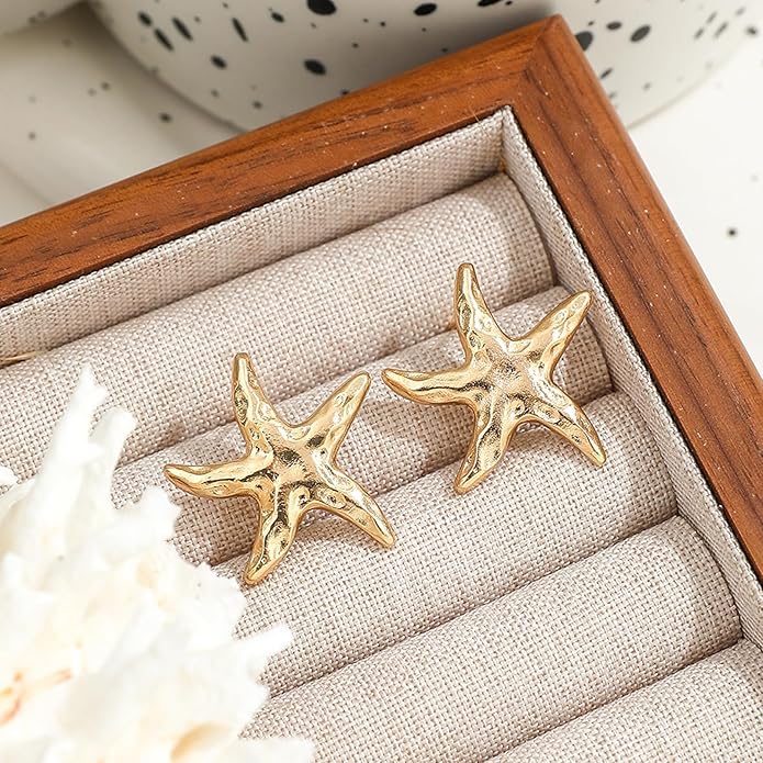 Gold Starfish Earrings for Women Trendy Dainty Starfish Statement Stud Earrings Hypoallergenic Summer Beach Ocean Coastal Jewelry