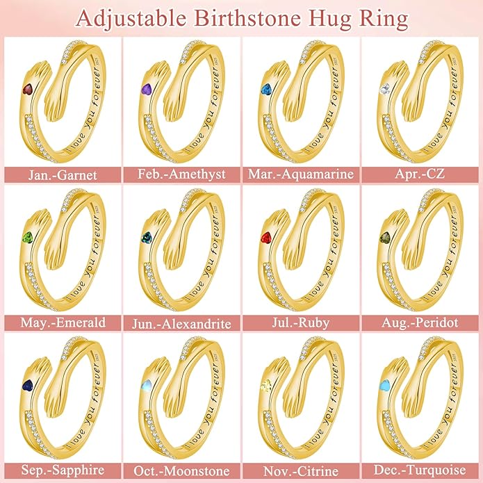 Hug Rings for Women Birthstone Hug Rings 925 Sterling Silver Adjustable Hand Ring Open Jewelry Daughter Gifts From Mom Mother Teens Mother's Day Amavive