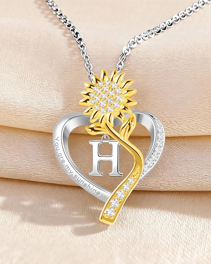 Birthday Gifts for Women Preserved Real Rose with Sunflower Initial Necklace - Birthday Gifts for Women Her Mom Wife on Valentines Mothers Day Christmas Anniversary Romantic with Pendant H