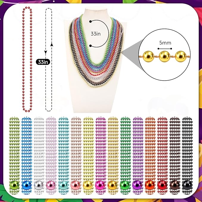 Ecally 600 Pcs Mardi Gras Beads Necklaces Bulk 15 Metallic Colors 33 5mm Party Necklaces Colorful Carnival Parade Beads for Party Favors Costume Accessories Festival Decorations for Men Women