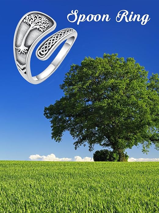 Midari Sun and Moon/Bee/Celtic/Life of Tree/Lotus Spoon Ring for Women 925 Sterling Silver Adjustable Ring Open Ring for Women Men Halloween Birthday Gift