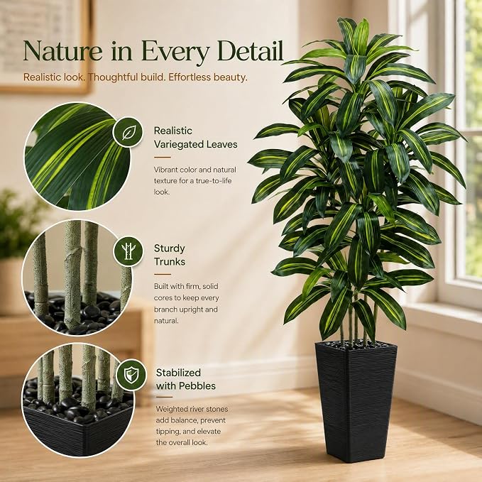 Artificial Dracaena Tree: 5FT Fake Plants Silk Faux Trees（Black Pot） | - Image 5