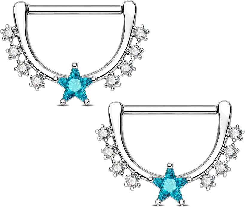 Melighting 14G Star Nipple Rings Steel 316L Nipple Piercing Jewelry Clear CZ Nipple Bars Clicker Nipple Barbell For Women Men 14mm