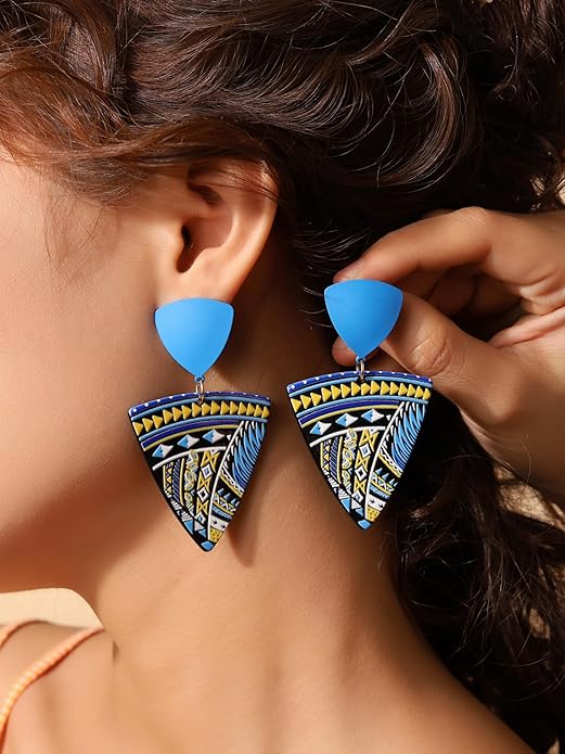 MINACHI Boho Chic Geometric Drop Earrings, Vibrant Multicolor Pattern with Navy Accent Beads & Glossy Studs, Jewelry Gift for Women