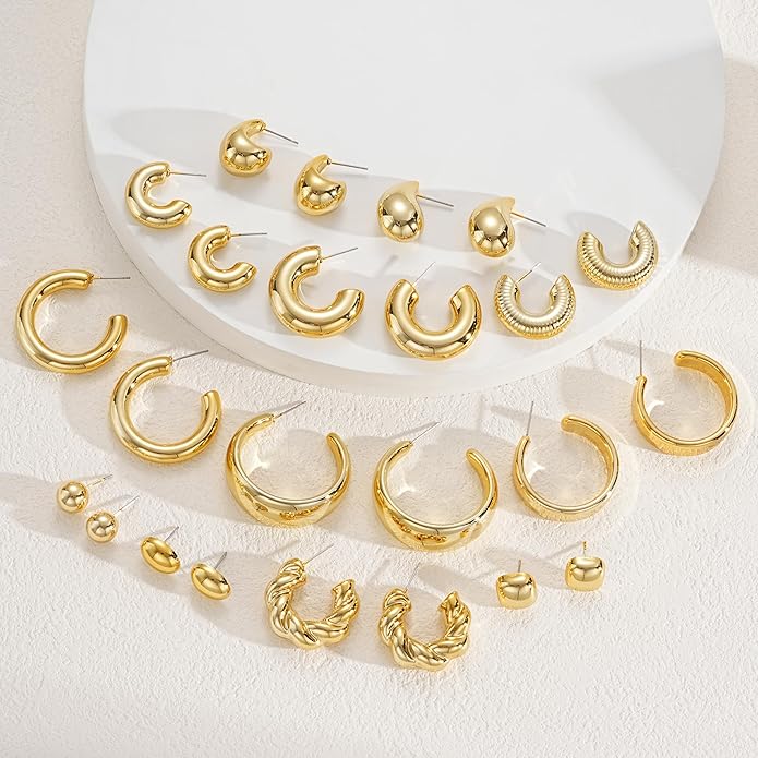 12 Pairs Chunky Gold Hoop Earrings for Women Trendy, Gold Plated Lightweight Hypoallergenic Stack, Thick Open Twisted Huggie Hoops Earring Set