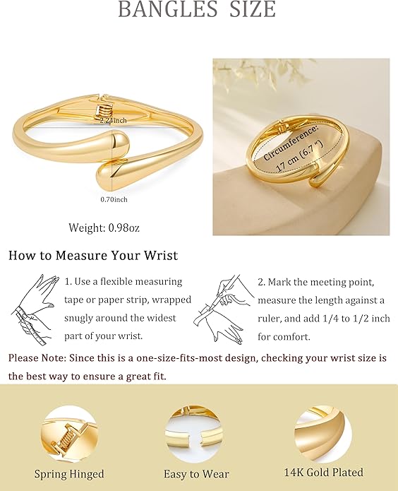 2pcs Gold Bangle Bracelets for Women, Trendy Hinged Cuff Open Wide Chunky Gold Bracelet Stack Arm Cuff Jewelry for Women
