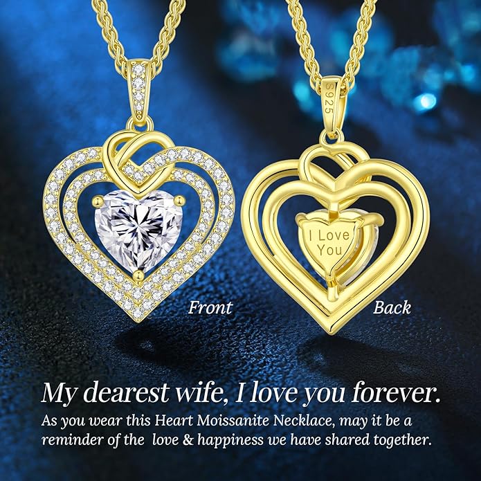 OOBEE Valentines Day Gift Moissanite Heart Necklaces for Women, 1- 4 Carat Moissanite 925 Sterling Silver 14K Gold Plated Pendant Necklace, Ideal Anniversary Birthday Christmas Mothers Day Jewelry Gifts for Mom Wife Her Girlfriend Daughter