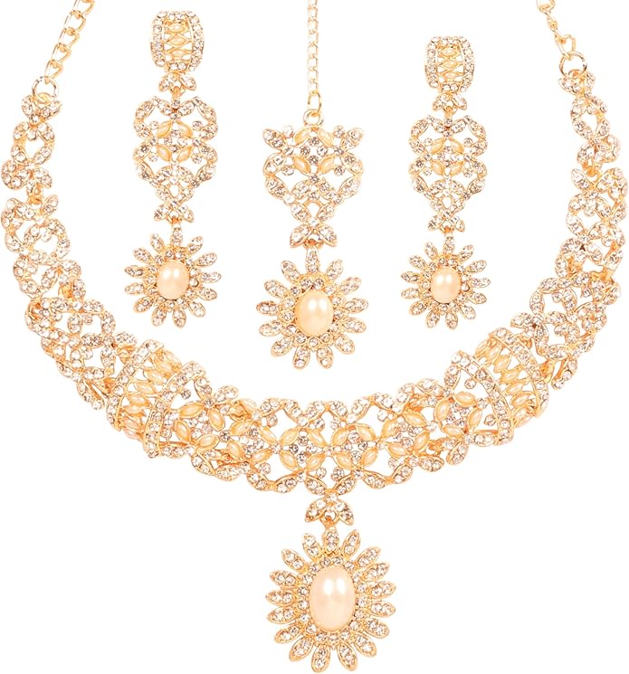 Touchstone Indian jewelry sets for women wedding gold kundan necklace traditional earrings tikka bollywood party style white crystal rhinestone guest gift bridal costume prom dainty accessories