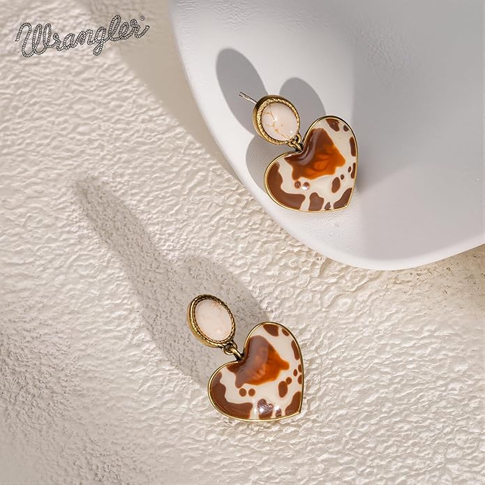 Wrangler Western Heart Drop Dangle Earrings for Women Statement 14k Gold Turquoise Cow Print Cowgirl Trendy Jewelry