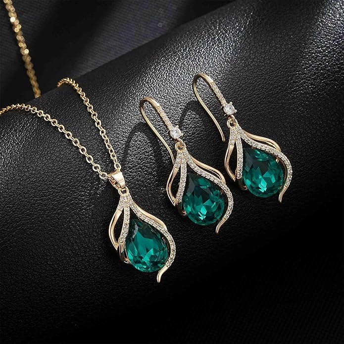 EVEVIC Austrian Crystals Teardrop Hollow Twisted Pendant Necklace Earrings for Women 14K Gold Plated Halo Drop Dangle Earrings Hypoallergenic Jewelry Set