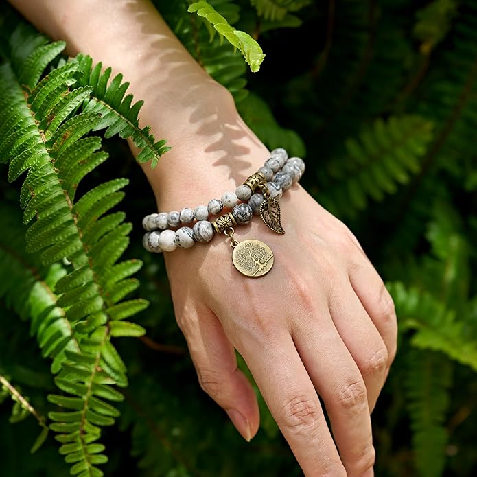 Bivei Natural Semi Precious Gemstone beads bracelet for women - Life Tree and Leaf Charm Energy Reiki Crystal Stretch Bracelets