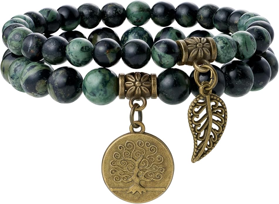 Bivei Natural Semi Precious Gemstone beads bracelet for women - Life Tree and Leaf Charm Energy Reiki Crystal Stretch Bracelets