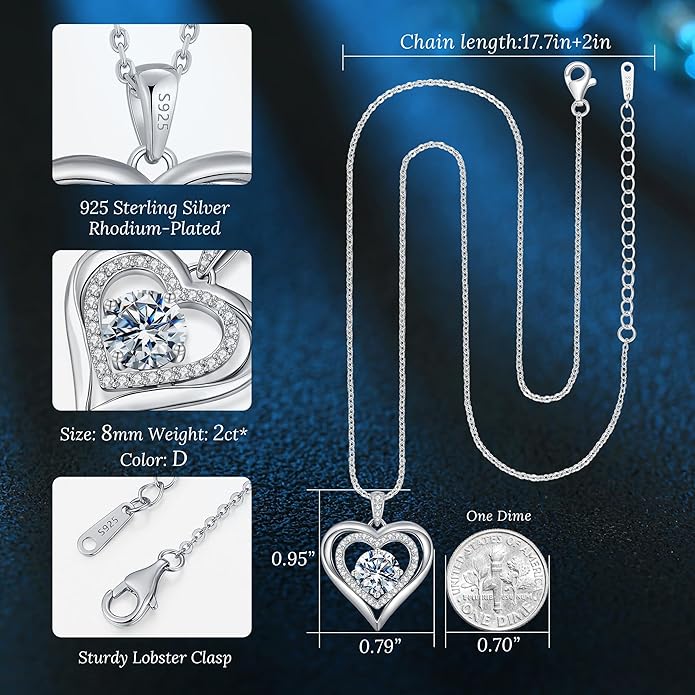 Valentine's Day Gift Moissanite Heart Pendant Necklaces for Women, 925 Sterling Silver Necklace Engraved with 'I LOVE YOU', Ideal Anniversary Birthday Jewelry Gifts for Mom Wife Girlfriend Daughter Her