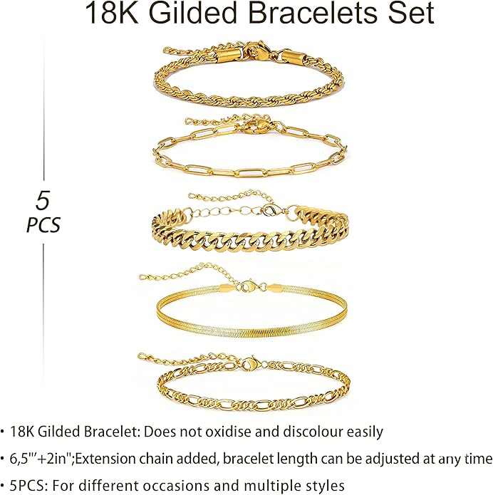 18K Gold Plated Bracelet Sets for Women Waterproof - Trendy Thin Dainty Stackable Cuban Link Paperclip Snake Twisted Chain Fashion Jewelry Accessories Gifts for Women