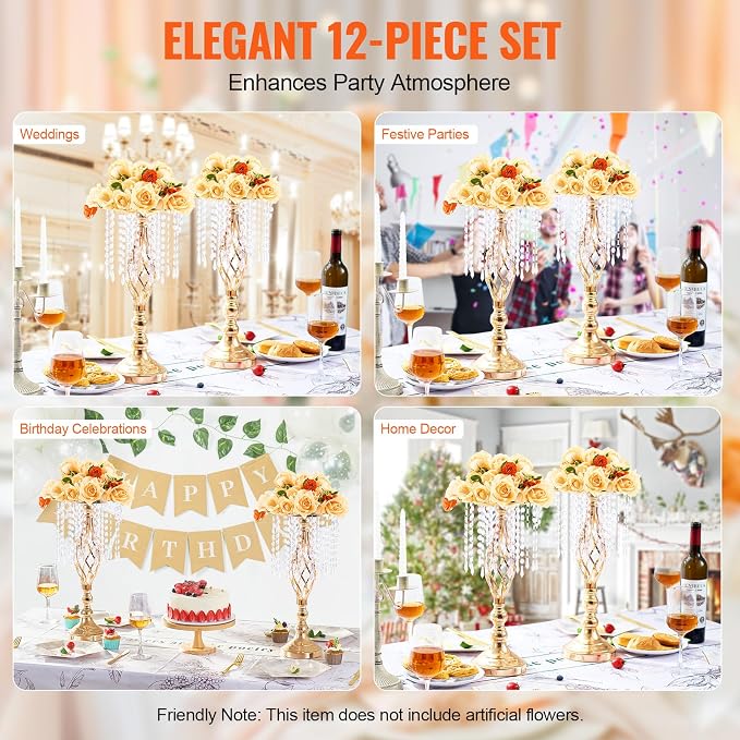 VEVOR 12PCS 19.3in Tall Crystal Wedding Flower Stand Metal Centerpiece Vase | - Image 6
