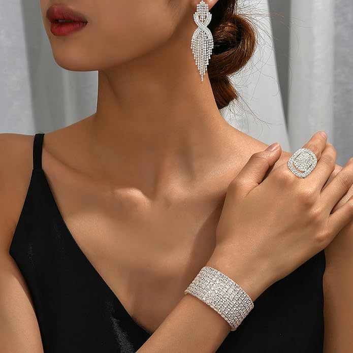 Sllaiss Rhinestone Bridal Jewelry Set for Women Sparkling Rhinestone Stretch Bracelet Ring Dangle Tassel Earrings Set Costume Jewelry
