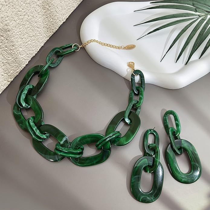 Bocar Acrylic Chunky Statement Necklace for Women Cube Link Chain Collar Necklace and Hoop Earrings Costome Jewelry Set