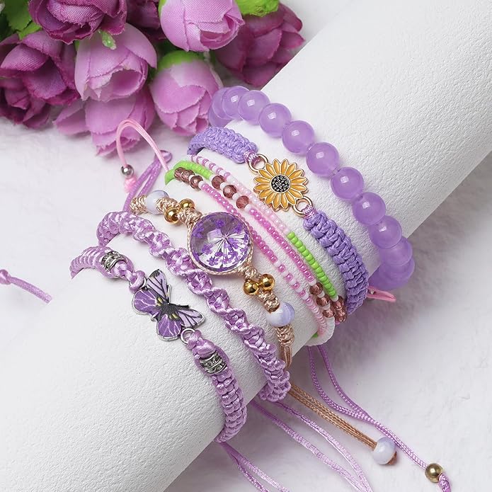 DS 6PCS String beads Charm Bracelets for Teen Girls Handmade Braided Rope Butterfly daisies Eternal flower Boho Surfer Bracelet for women Adjustable friendship Stretch birthday jewelry Gift Friends