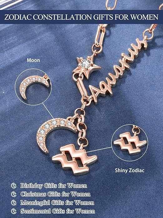 14K Gold/Rose Gold Zodiac Necklace for Women - Horoscope Constellation Pendant with Moon and Star, Luxury Birthday Gifts Jewelry for Her (12 Zodiac Signs)