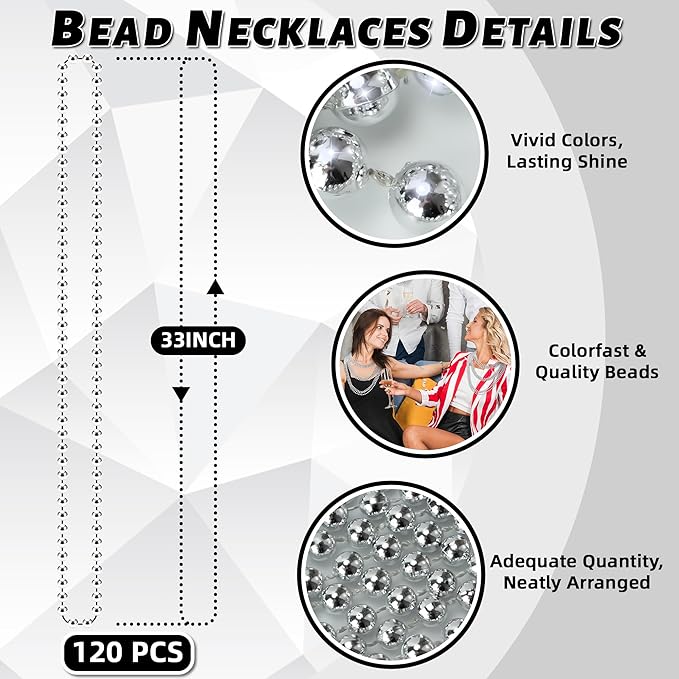 120 PCS Silver Bead Necklaces, Silver Mardi Gras Beads Christmas Necklace, Patriotic Necklaces, 33 Inch Beaded Necklace for Mardi Gras Christmas Party, 4th of July and New Year Eve Festive Events