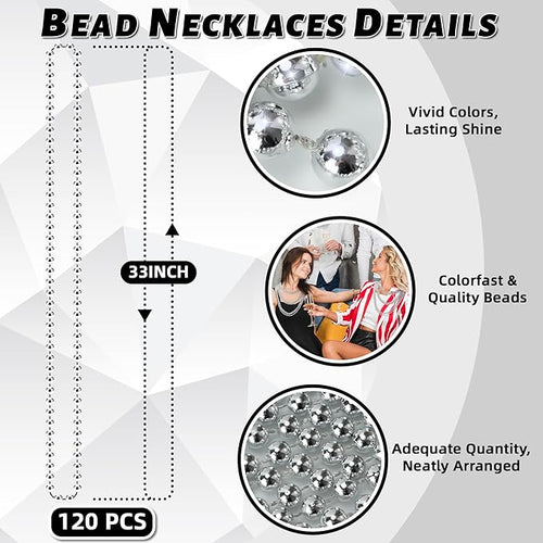 120 PCS Silver Bead Necklaces, Silver Mardi Gras Beads Christmas Necklace, Patriotic Necklaces, 33 Inch Beaded Necklace for Mardi Gras Christmas Party, 4th of July and New Year Eve Festive Events