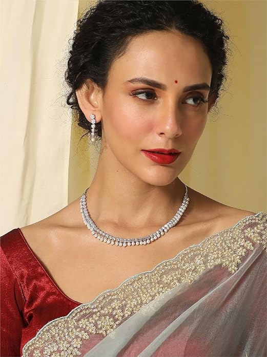 TARINIKA Green and White Cubic Zirconia(CZ) Indian Necklace Set with Earrings, Gold Plated Brass Fashion Indian Jewelry Gift for Women Bollywood Costume Jewellery