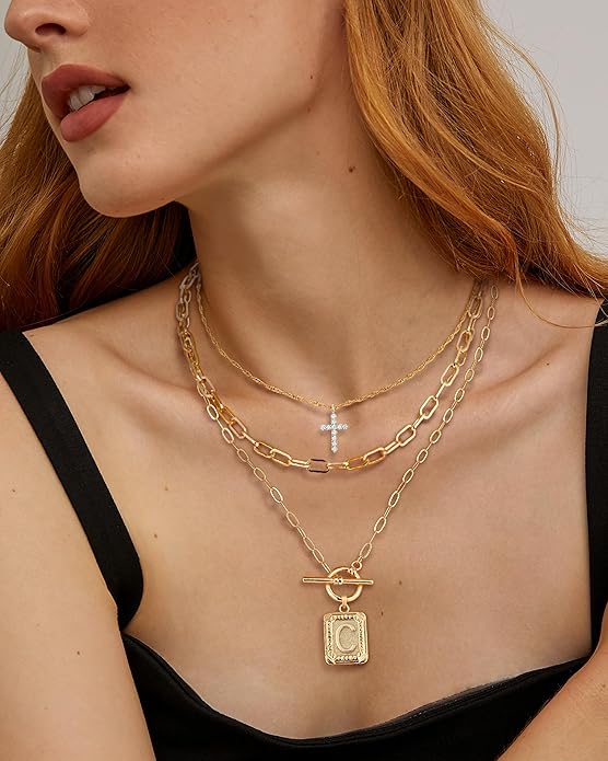 MJartoria Layered Initial Necklaces for Women Trendy, 14K Gold Plated Brass Simple Dainty Cross Choker Square Letter Pendant Necklace, Paperclip Chain Necklaces Jewelry