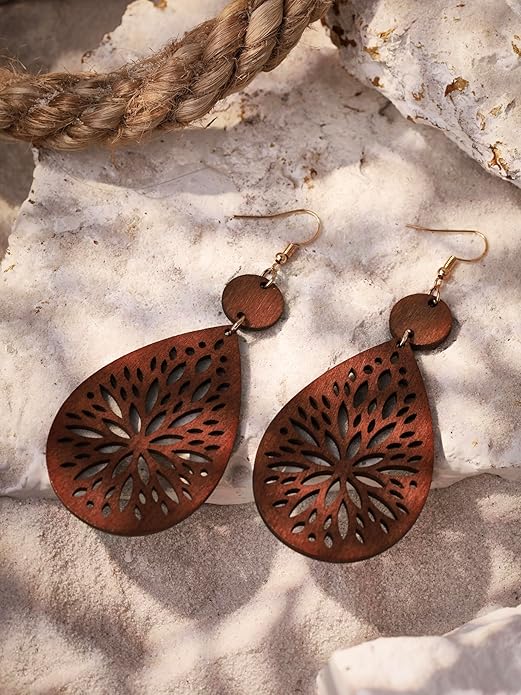 MINACHI Bohemian Hollow Cut-Out Wood Leather Dangle Drop Earrings, Boho Chic Hippie Statement Jewelry Gift for Women