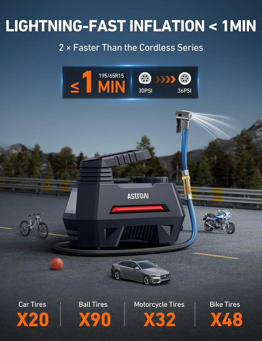 AstroAI Tire Inflator Portable Air Compressor Tire Air Pump for Car Tires - Car Accessories, 9.8Ft Cord-12V DC-Powered Auto Pump with Digital Pressure Gauge, LED Light for Bicycle, Balloons, Red