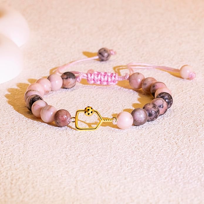 Natural Stone Adjustable Braided Beaded Pickleball Bracelet Charm Jewelry - Sports Lover Pickleball Gifts for Women Men Teens Friends