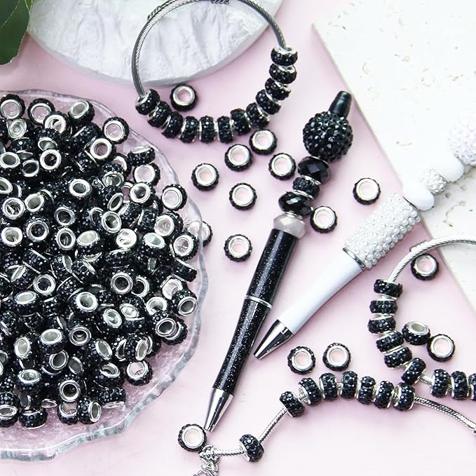 60Pcs Rhinestone Large Hole Beads Spacer Beads Black European Craft Big Beads Large Hole Rhinestones Lampwork Murano Bead Fairy Wand Garden Beads for DIY Bracelet Necklace Jewelry Making Supplies