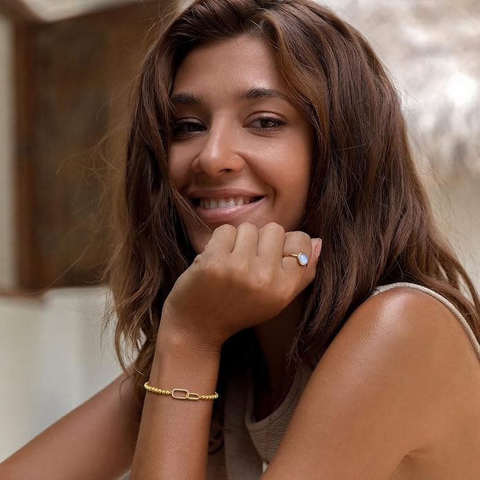 Gold Bracelets for Women, Cute 14K Gold/Silver Plated Stretch Beaded Bracelets for Women Trendy Stackable Charm Bracelet Dainty Adjustable Waterproof Non Tarnish Jewelry Gifts for Her