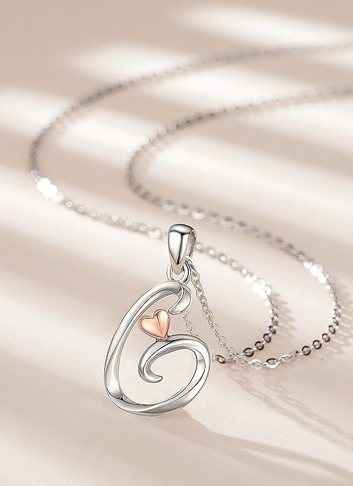 CELESTIA 925 Sterling Silver Initial Necklaces 26 Letter with Rose Gold Heart - 18 Inch Chain