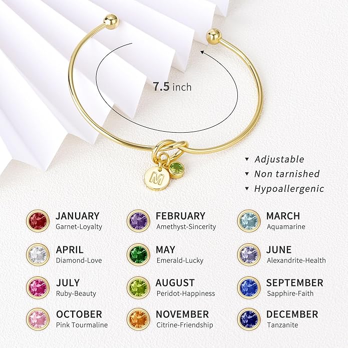 Turandoss Valentines Day Gifts for Women Girls, Dainty 14K Gold Plated 12 Months Disc Initial A-Z Birthstone Heart Knot Bangle Bracelet Birthday Bridesmaid Valentines Jewelry Gifts for Teen Girls