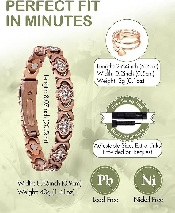 Feraco Pure Copper Bracelets & Rings for Women, Ultra Strength Magnetic Bracelet for Women with Neodymium Magnets & Sparkling Cubic Zirconia, Adjustable, Infinite Clover Jewelry