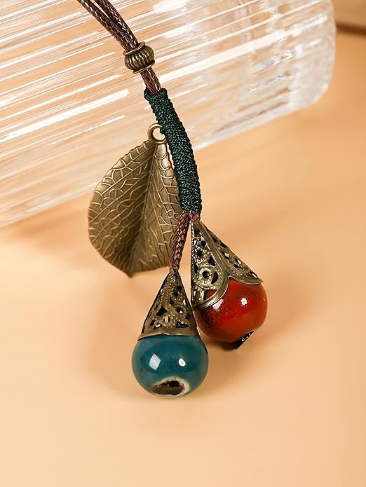 MINACHI Vintage Bohemian Leaf Charm Colorful Ceramic Bead Long Y Necklace, Boho Jewelry Gift for Women