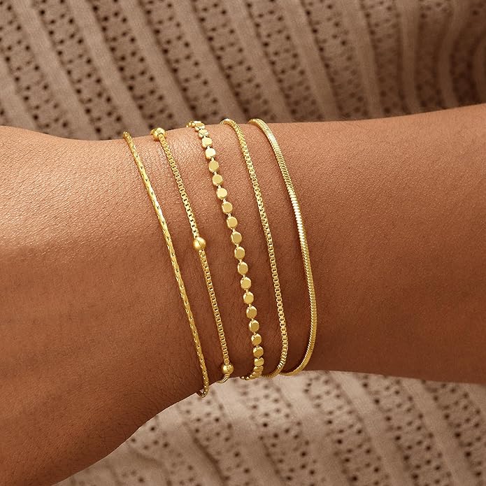 Gold Bracelets for Women, 14K Gold Plated Stackable Bracelet Stack Set Adjustable Charm Paperclip Chain Snake Link Layered Waterproof Jewelry Sets Gifts