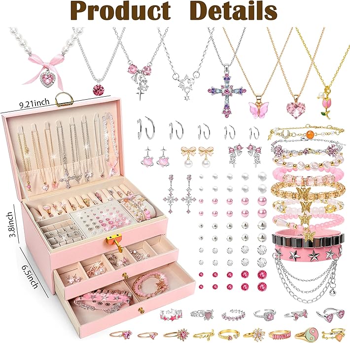 SMUOBT Jewelry Box with Jewelry Set for Women Men - Large Multi-Layer Jewelry Organizer Storage Case with Drawers, Necklace Bracelet Hoop/Stud Earrings Rings Gift Set for Her Him, Unique Birthday Party Gift (Gold/Black Silver)
