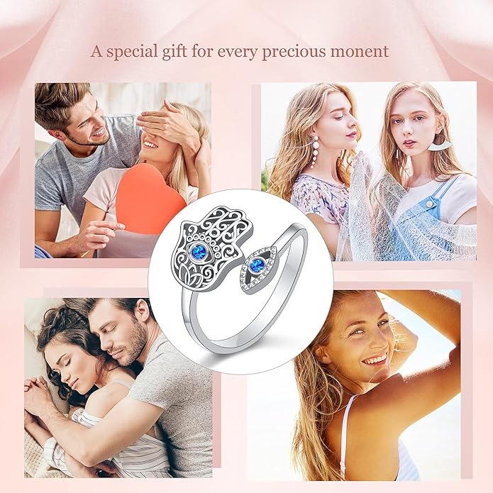 Hamsa Hand of Fatima Lotus Evil Eye/Love Heart/Butterfly/Rose Spoon Adjustable Open Rings 925 Sterling Silver Statement Ring Jewelry Gifts for Women