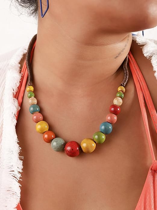 MINACHI Hippie Boho Colorful Ceramic Round Beads Strand Necklace, Bohemian Fashion Statement Jewelry Gift for Women