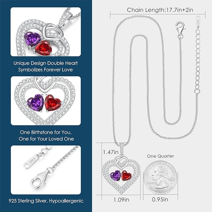 LOUISA SECRET Sparkling Double Heart Birthstone Necklaces for Women, 925 Sterling Silver Fine Jewelry, Pendant Heart Necklaces Birthday Anniversary Christmas Gift for Women Wife Mom Girlfriend Lady