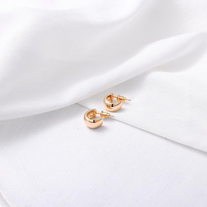 Gamicy Small 14K Gold Plated Hoop Earrings for Women with 925 Stering Silver Post, 14K Real Gold Plated Chunky Lightweight Hoops Earrings